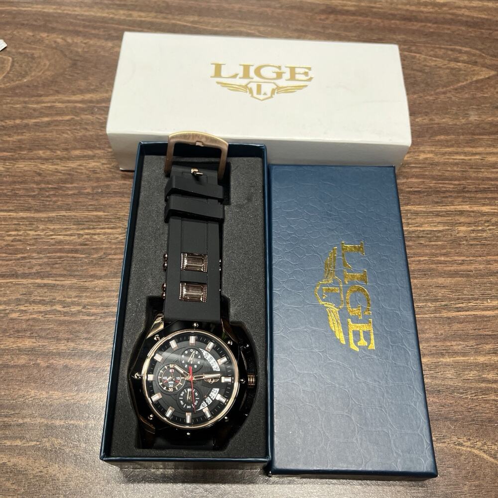 LIGE 1853 Dream Rose Gold Tone Chronograph Mens Quartz Watch New Battery EUC.